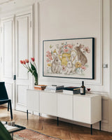 Garden Whispers I by Anne Tavoletti. shown as a framed stretched canvas in a living room above a console. Available as a archival giclee rolled canvas, fine art paper, or poster print. SKU 95092i.