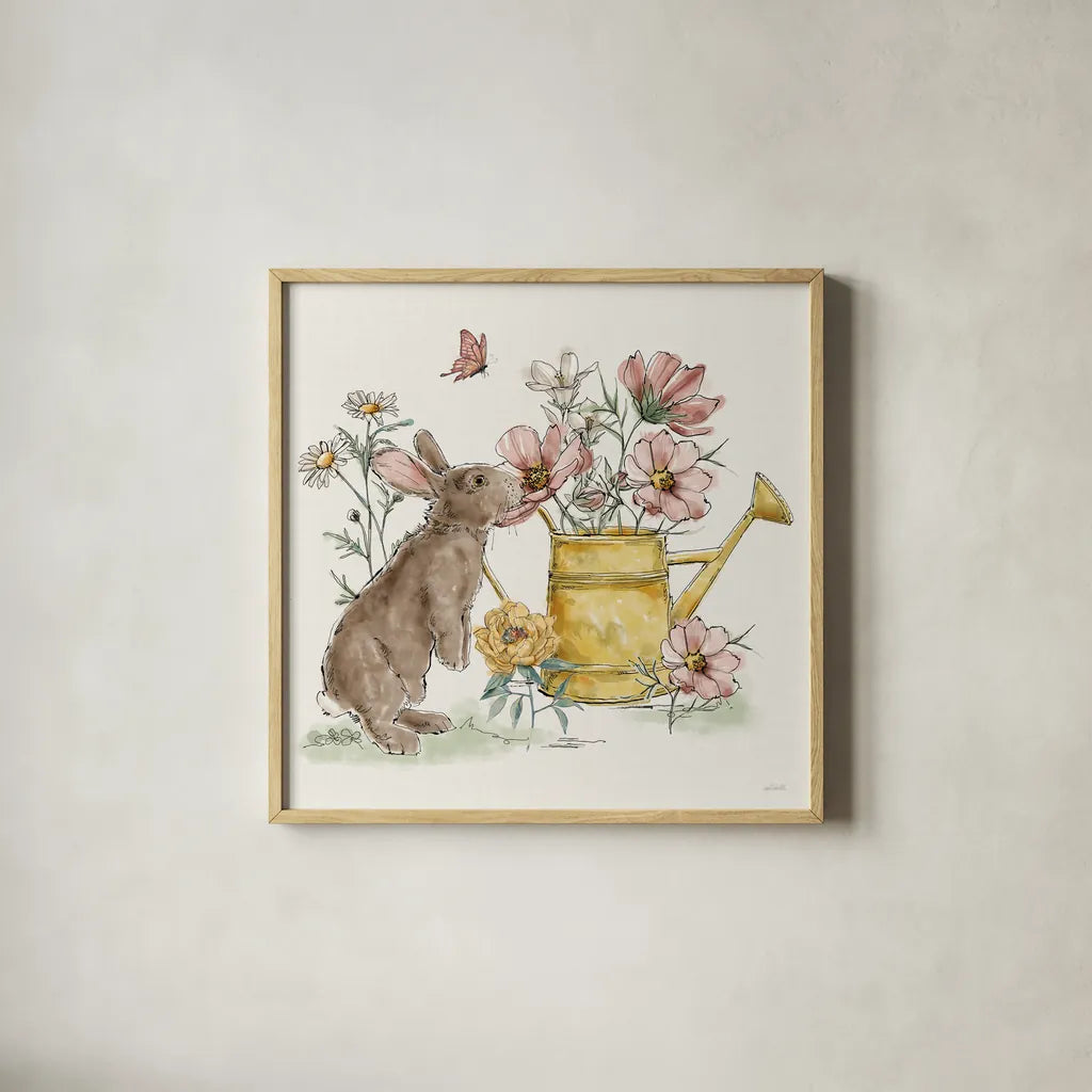 Garden Whispers IV by Anne Tavoletti. Shown in a natural wood glass frame for a timeless modern aesthetic. Available as an archival giclee rolled canvas, fine art paper, or poster print. SKU 95095a.