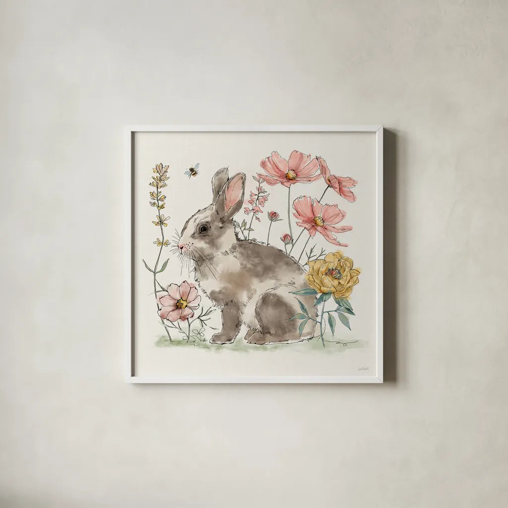 Garden Whispers V by Anne Tavoletti. Shown in a crisp white glass frame for a clean and minimalist style. Available as an archival giclee rolled canvas, fine art paper, or poster print. SKU 95096a.