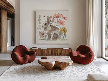 Garden Whispers V by Anne Tavoletti. Shown as extra-large giant wall art in a modern living room. Available as an archival giclee rolled canvas, fine art paper, or poster print. SKU 95096a.