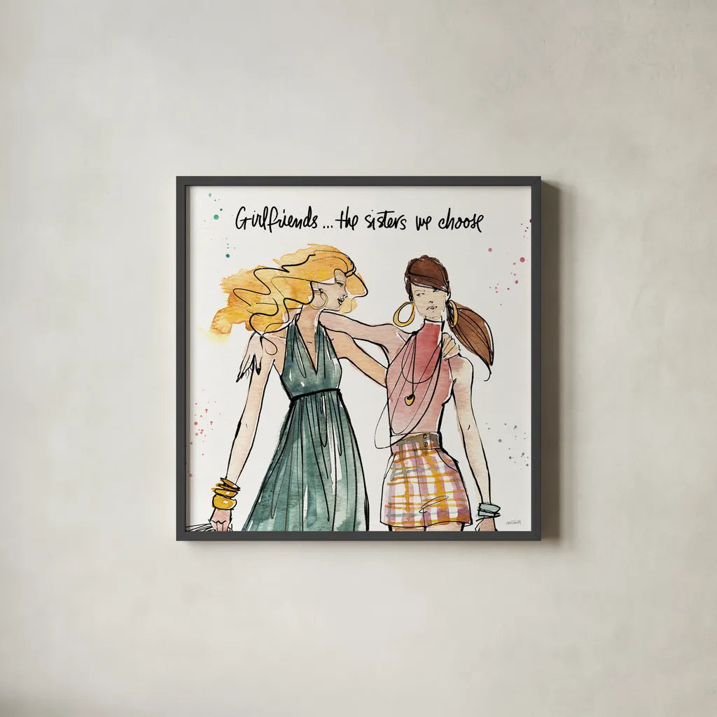 Girlfriends II by Anne Tavoletti. Shown in a sleek black glass frame for a contemporary gallery look. Available as an archival giclee rolled canvas, fine art paper, or poster print. SKU 71628a.
