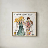 Girlfriends II by Anne Tavoletti. Shown in a natural wood glass frame for a timeless modern aesthetic. Available as an archival giclee rolled canvas, fine art paper, or poster print. SKU 71628a.