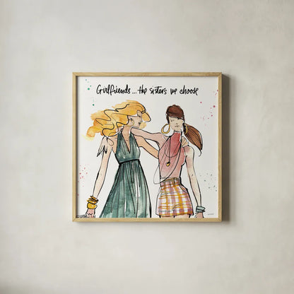 Girlfriends II by Anne Tavoletti. Shown in a natural wood glass frame for a timeless modern aesthetic. Available as an archival giclee rolled canvas, fine art paper, or poster print. SKU 71628a.
