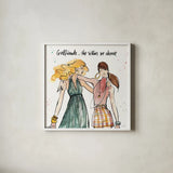 Girlfriends II by Anne Tavoletti. Shown in a crisp white glass frame for a clean and minimalist style. Available as an archival giclee rolled canvas, fine art paper, or poster print. SKU 71628a.