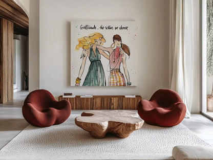 Girlfriends II by Anne Tavoletti. Shown as extra-large giant wall art in a modern living room. Available as an archival giclee rolled canvas, fine art paper, or poster print. SKU 71628a.