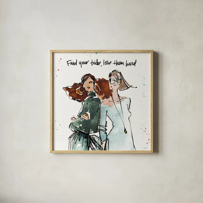 Girlfriends III by Anne Tavoletti. Shown in a natural wood glass frame for a timeless modern aesthetic. Available as an archival giclee rolled canvas, fine art paper, or poster print. SKU 71629a.