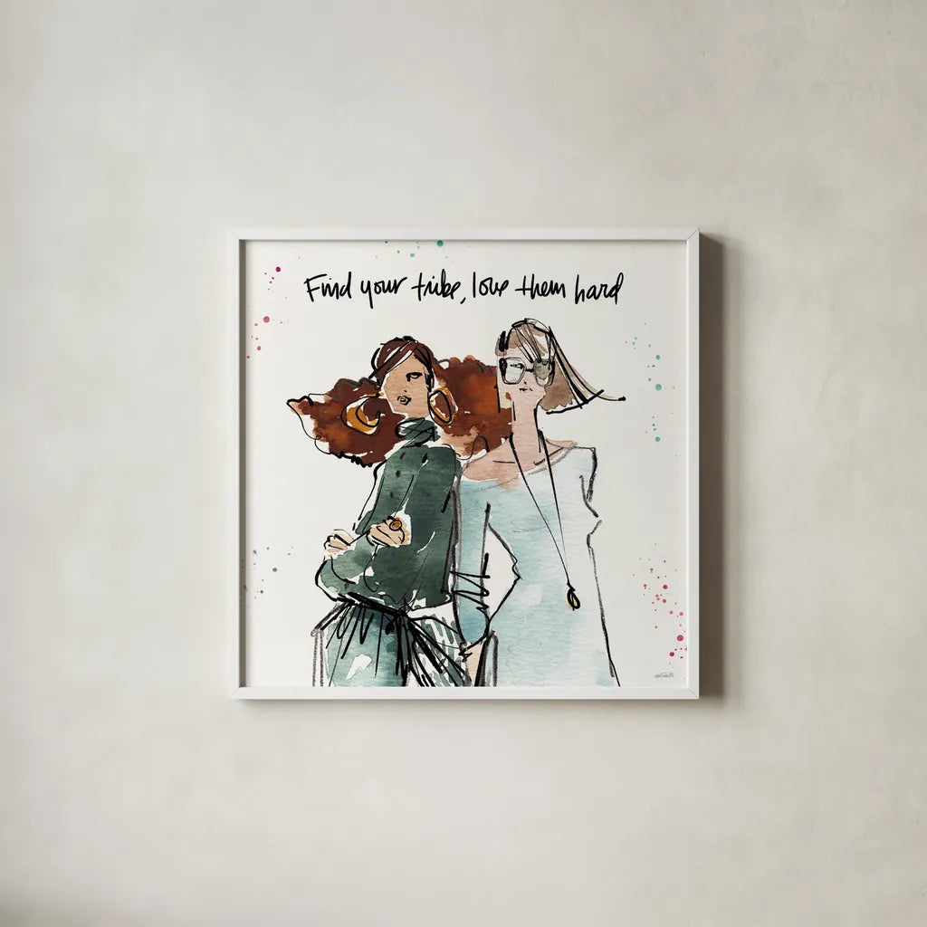 Girlfriends III by Anne Tavoletti. Shown in a crisp white glass frame for a clean and minimalist style. Available as an archival giclee rolled canvas, fine art paper, or poster print. SKU 71629a.