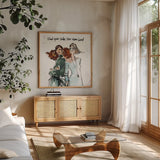 Girlfriends III by Anne Tavoletti. Shown in a natural wood frame in a cozy modern living room. Available as an archival giclee rolled canvas, fine art paper, or poster print. SKU 71629a.