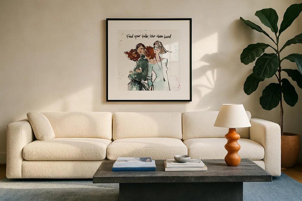 Girlfriends III by Anne Tavoletti. Displayed in a glass frame with matte in a clean modern living room. Available as an archival giclee rolled canvas, fine art paper, or poster print. SKU 71629a.