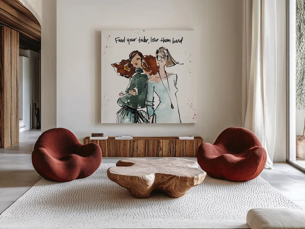 Girlfriends III by Anne Tavoletti. Shown as extra-large giant wall art in a modern living room. Available as an archival giclee rolled canvas, fine art paper, or poster print. SKU 71629a.
