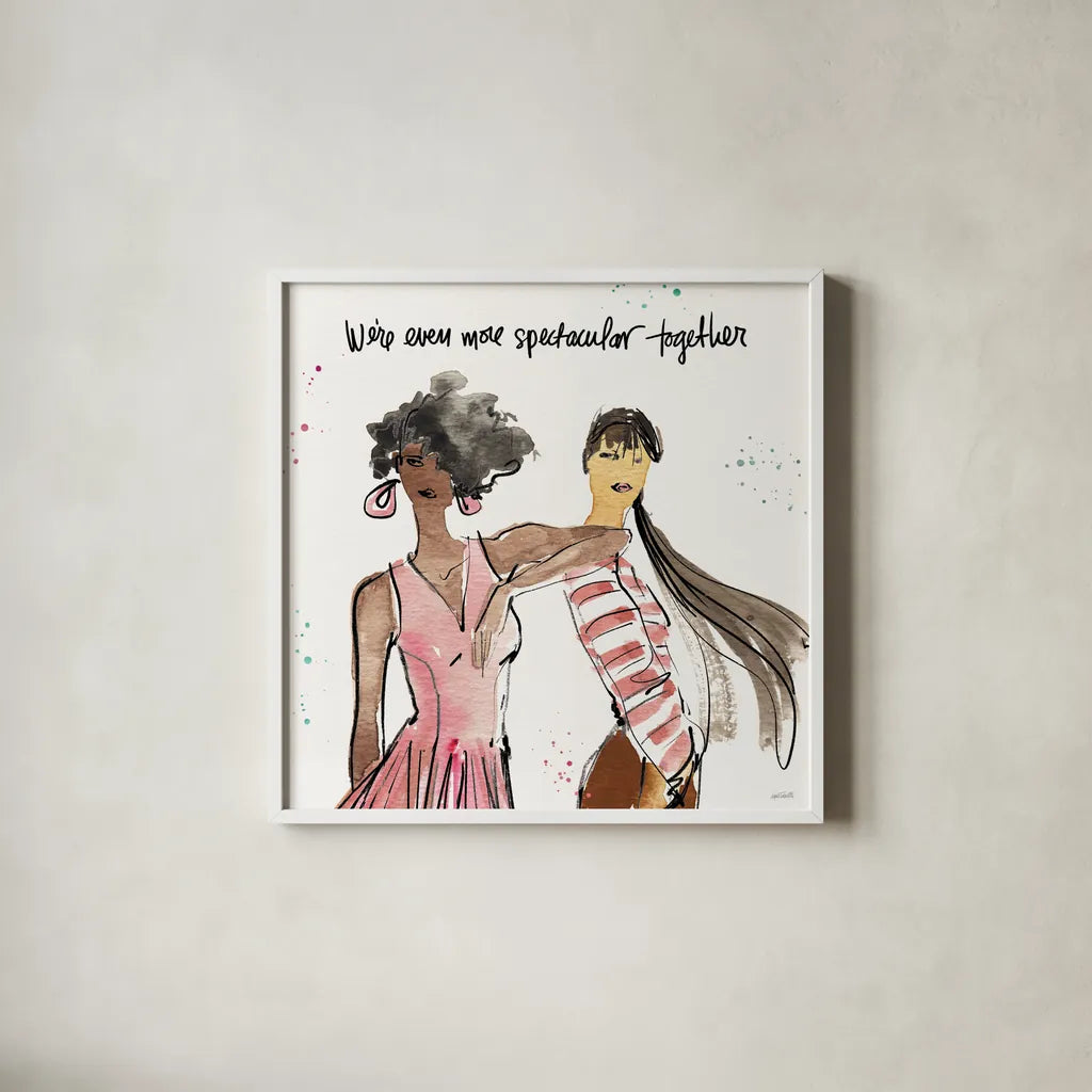 Girlfriends IV by Anne Tavoletti. Shown in a crisp white glass frame for a clean and minimalist style. Available as an archival giclee rolled canvas, fine art paper, or poster print. SKU 71630a.