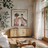 Girlfriends IV by Anne Tavoletti. Shown in a natural wood frame in a cozy modern living room. Available as an archival giclee rolled canvas, fine art paper, or poster print. SKU 71630a.