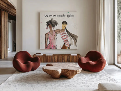 Girlfriends IV by Anne Tavoletti. Shown as extra-large giant wall art in a modern living room. Available as an archival giclee rolled canvas, fine art paper, or poster print. SKU 71630a.