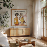 Girlfriends V by Anne Tavoletti. Shown in a natural wood frame in a cozy modern living room. Available as an archival giclee rolled canvas, fine art paper, or poster print. SKU 71631a.
