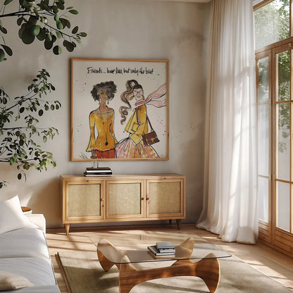 Girlfriends V by Anne Tavoletti. Shown in a natural wood frame in a cozy modern living room. Available as an archival giclee rolled canvas, fine art paper, or poster print. SKU 71631a.