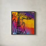Guitar by Anne Tavoletti. Shown in a sleek black glass frame for a contemporary gallery look. Available as an archival giclee rolled canvas, fine art paper, or poster print. SKU 59274a.