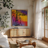 Guitar by Anne Tavoletti. Shown in a natural wood frame in a cozy modern living room. Available as an archival giclee rolled canvas, fine art paper, or poster print. SKU 59274a.