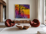 Guitar by Anne Tavoletti. Shown as extra-large giant wall art in a modern living room. Available as an archival giclee rolled canvas, fine art paper, or poster print. SKU 59274a.