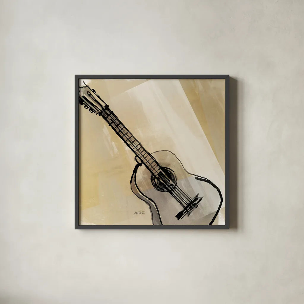 Guitar Neutral by Anne Tavoletti. Shown in a sleek black glass frame for a contemporary gallery look. Available as an archival giclee rolled canvas, fine art paper, or poster print. SKU 76146a.