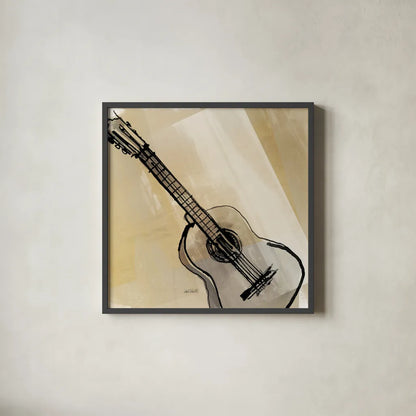 Guitar Neutral by Anne Tavoletti. Shown in a sleek black glass frame for a contemporary gallery look. Available as an archival giclee rolled canvas, fine art paper, or poster print. SKU 76146a.