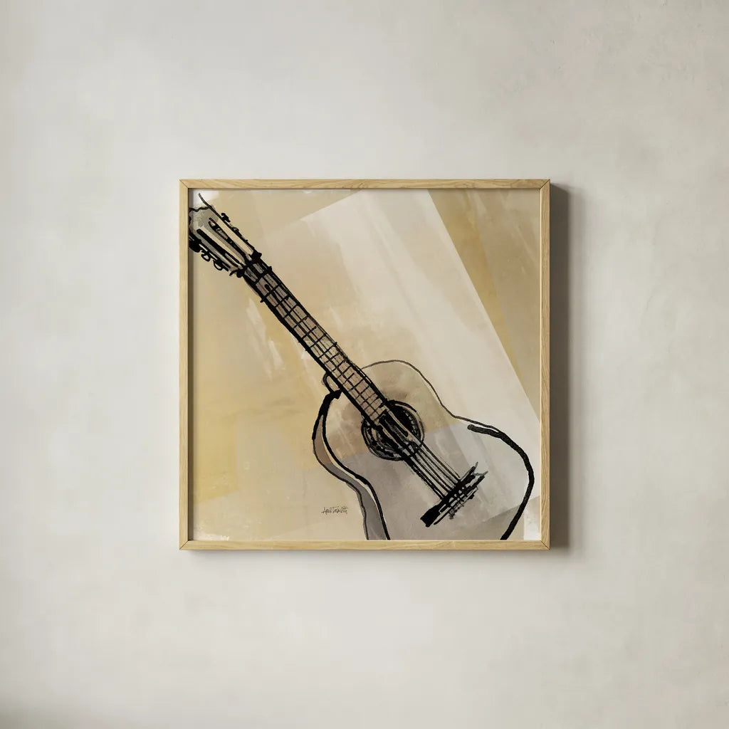 Guitar Neutral by Anne Tavoletti. Shown in a natural wood glass frame for a timeless modern aesthetic. Available as an archival giclee rolled canvas, fine art paper, or poster print. SKU 76146a.