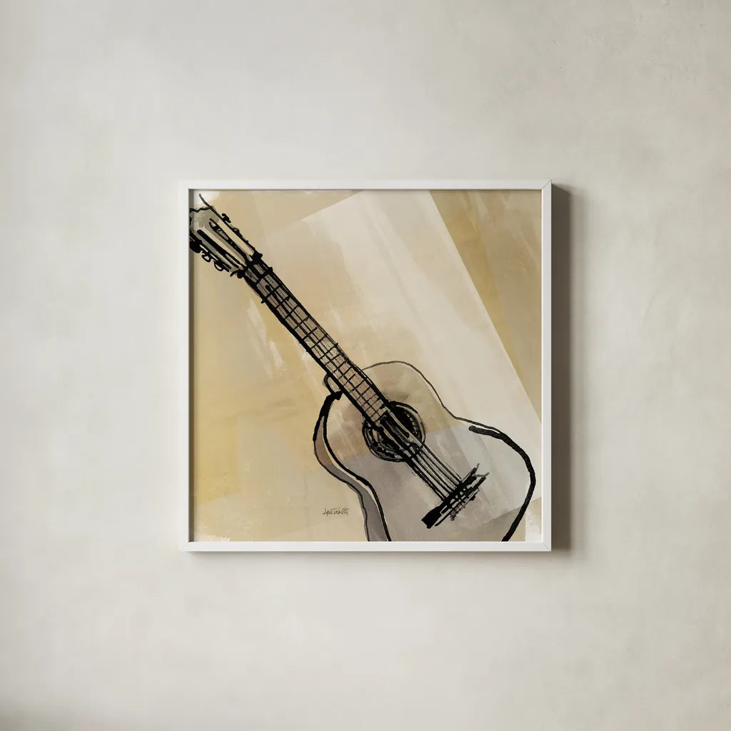 Guitar Neutral by Anne Tavoletti. Shown in a crisp white glass frame for a clean and minimalist style. Available as an archival giclee rolled canvas, fine art paper, or poster print. SKU 76146a.