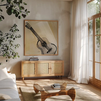 Guitar Neutral by Anne Tavoletti. Shown in a natural wood frame in a cozy modern living room. Available as an archival giclee rolled canvas, fine art paper, or poster print. SKU 76146a.