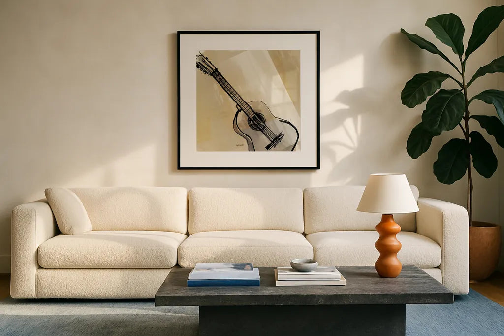 Guitar Neutral by Anne Tavoletti. Displayed in a glass frame with matte in a clean modern living room. Available as an archival giclee rolled canvas, fine art paper, or poster print. SKU 76146a.
