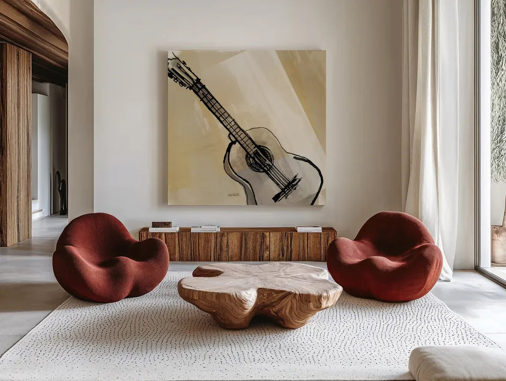 Guitar Neutral by Anne Tavoletti. Shown as extra-large giant wall art in a modern living room. Available as an archival giclee rolled canvas, fine art paper, or poster print. SKU 76146a.