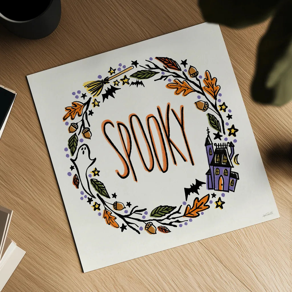 Halloween Wreath I by Anne Tavoletti. Shown as a detailed flat fine art print, highlighting archival giclee quality. Available as an archival giclee rolled canvas, fine art paper, or poster print. SKU 77347a.