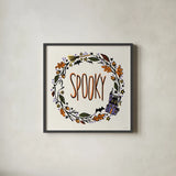 Halloween Wreath I by Anne Tavoletti. Shown in a sleek black glass frame for a contemporary gallery look. Available as an archival giclee rolled canvas, fine art paper, or poster print. SKU 77347a.