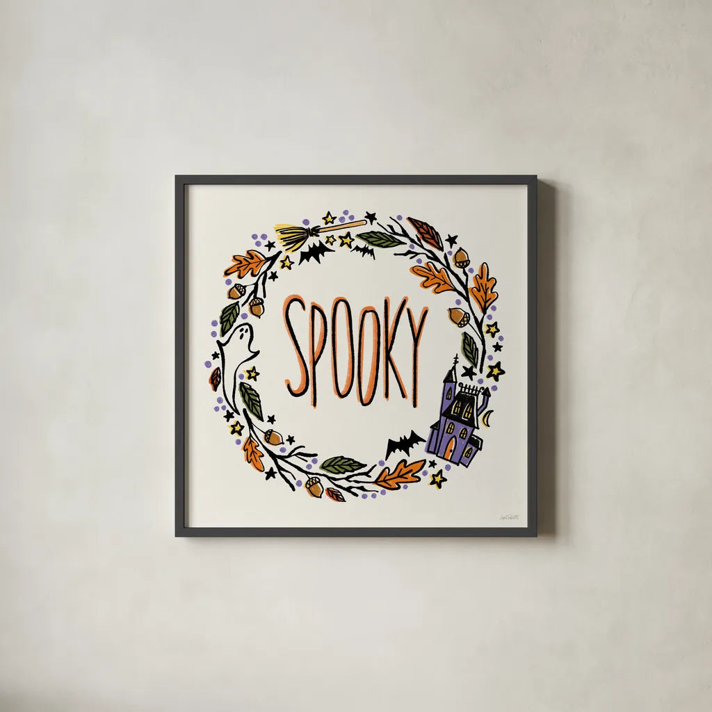 Halloween Wreath I by Anne Tavoletti. Shown in a sleek black glass frame for a contemporary gallery look. Available as an archival giclee rolled canvas, fine art paper, or poster print. SKU 77347a.