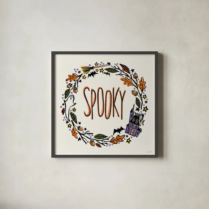 Halloween Wreath I by Anne Tavoletti. Shown in a sleek black glass frame for a contemporary gallery look. Available as an archival giclee rolled canvas, fine art paper, or poster print. SKU 77347a.