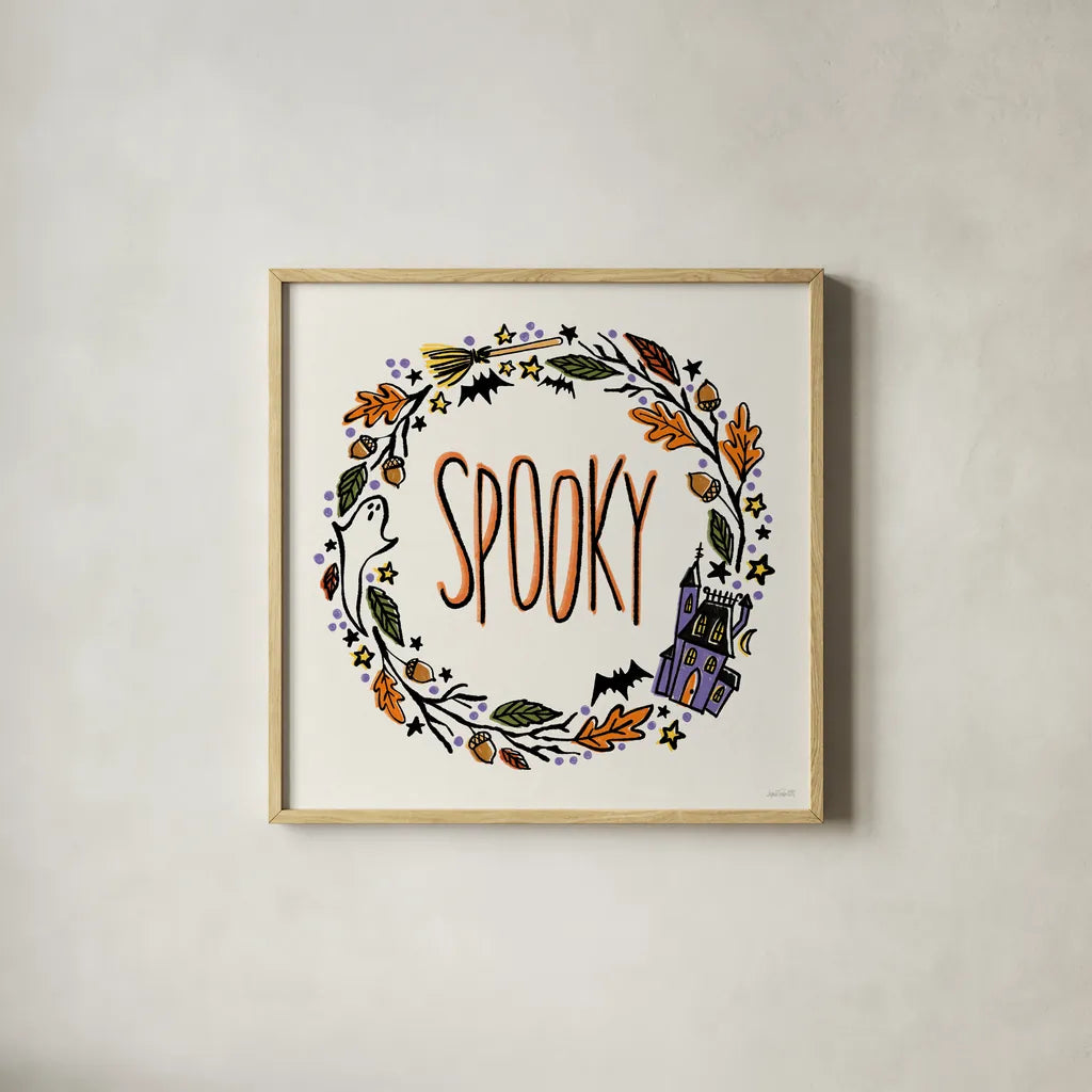 Halloween Wreath I by Anne Tavoletti. Shown in a natural wood glass frame for a timeless modern aesthetic. Available as an archival giclee rolled canvas, fine art paper, or poster print. SKU 77347a.
