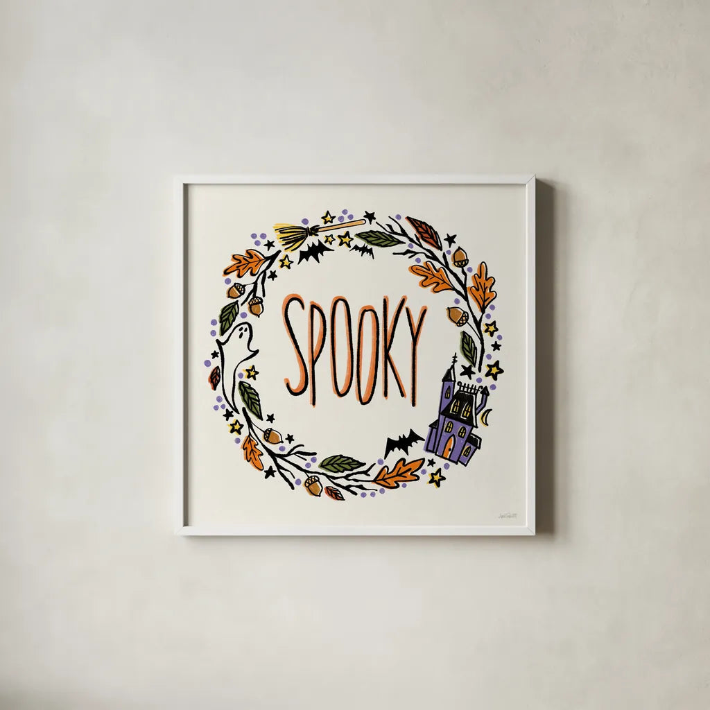 Halloween Wreath I by Anne Tavoletti. Shown in a crisp white glass frame for a clean and minimalist style. Available as an archival giclee rolled canvas, fine art paper, or poster print. SKU 77347a.