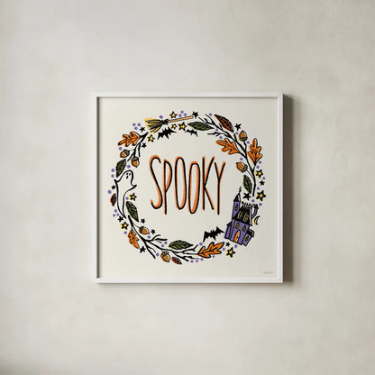 Halloween Wreath I by Anne Tavoletti. Shown in a crisp white glass frame for a clean and minimalist style. Available as an archival giclee rolled canvas, fine art paper, or poster print. SKU 77347a.