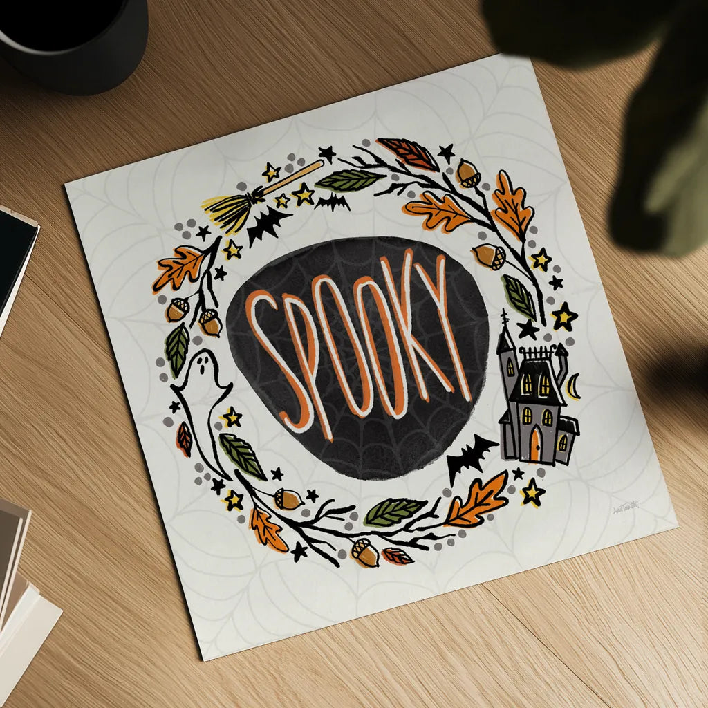 Halloween Wreath I Watercolor by Anne Tavoletti. Shown as a detailed flat fine art print, highlighting archival giclee quality. Available as an archival giclee rolled canvas, fine art paper, or poster print. SKU 80724a.