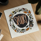 Halloween Wreath I Watercolor by Anne Tavoletti. Shown as a detailed flat fine art print, highlighting archival giclee quality. Available as an archival giclee rolled canvas, fine art paper, or poster print. SKU 80724a.