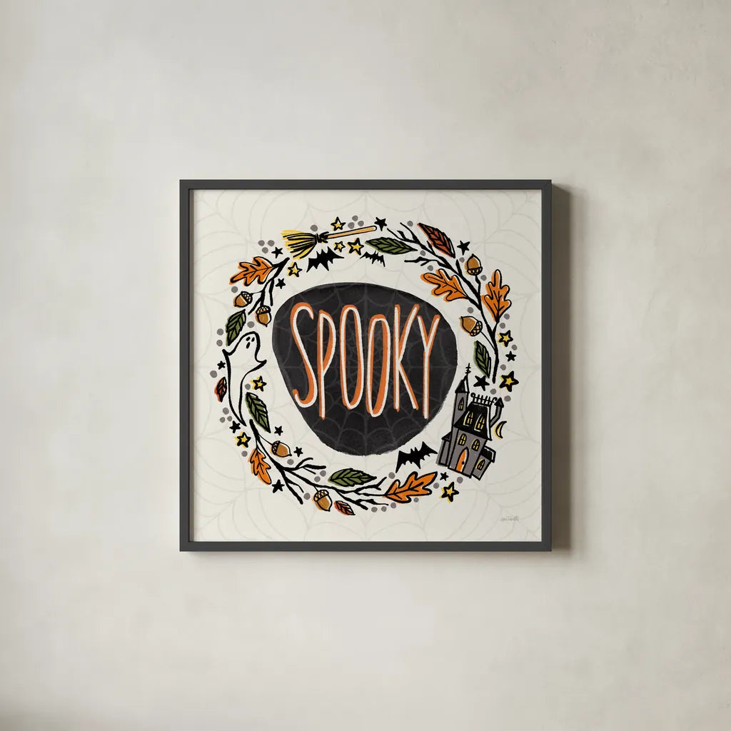 Halloween Wreath I Watercolor by Anne Tavoletti. Shown in a sleek black glass frame for a contemporary gallery look. Available as an archival giclee rolled canvas, fine art paper, or poster print. SKU 80724a.