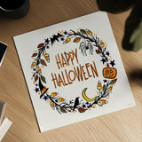 Halloween Wreath II by Anne Tavoletti. Shown as a detailed flat fine art print, highlighting archival giclee quality. Available as an archival giclee rolled canvas, fine art paper, or poster print. SKU 77348a.
