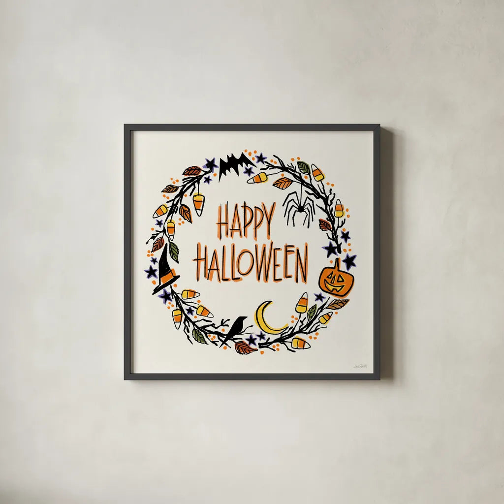 Halloween Wreath II by Anne Tavoletti. Shown in a sleek black glass frame for a contemporary gallery look. Available as an archival giclee rolled canvas, fine art paper, or poster print. SKU 77348a.