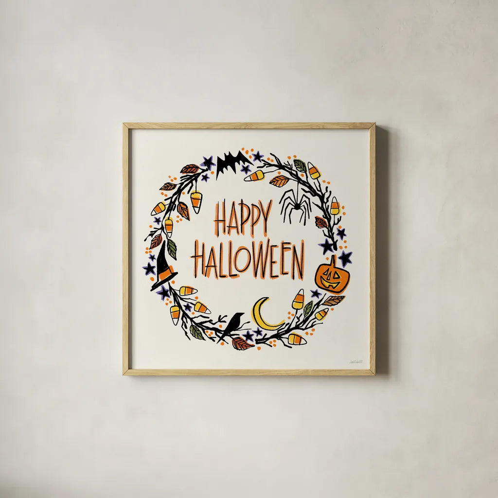 Halloween Wreath II by Anne Tavoletti. Shown in a natural wood glass frame for a timeless modern aesthetic. Available as an archival giclee rolled canvas, fine art paper, or poster print. SKU 77348a.