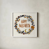 Halloween Wreath II by Anne Tavoletti. Shown in a crisp white glass frame for a clean and minimalist style. Available as an archival giclee rolled canvas, fine art paper, or poster print. SKU 77348a.