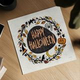 Halloween Wreath II Watercolor by Anne Tavoletti. Shown as a detailed flat fine art print, highlighting archival giclee quality. Available as an archival giclee rolled canvas, fine art paper, or poster print. SKU 80725a.
