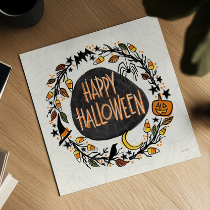 Halloween Wreath II Watercolor by Anne Tavoletti. Shown as a detailed flat fine art print, highlighting archival giclee quality. Available as an archival giclee rolled canvas, fine art paper, or poster print. SKU 80725a.