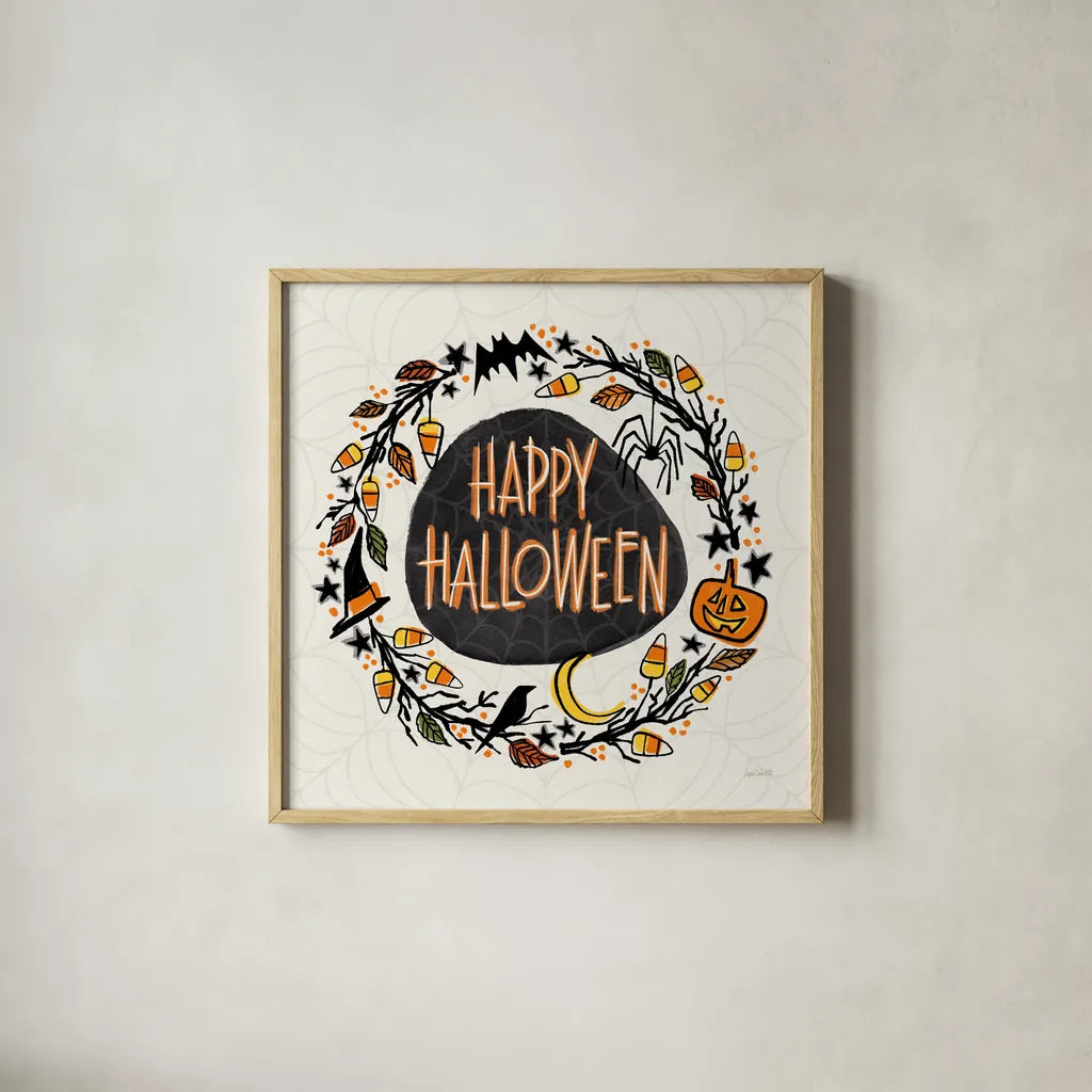 Halloween Wreath II Watercolor by Anne Tavoletti. Shown in a natural wood glass frame for a timeless modern aesthetic. Available as an archival giclee rolled canvas, fine art paper, or poster print. SKU 80725a.