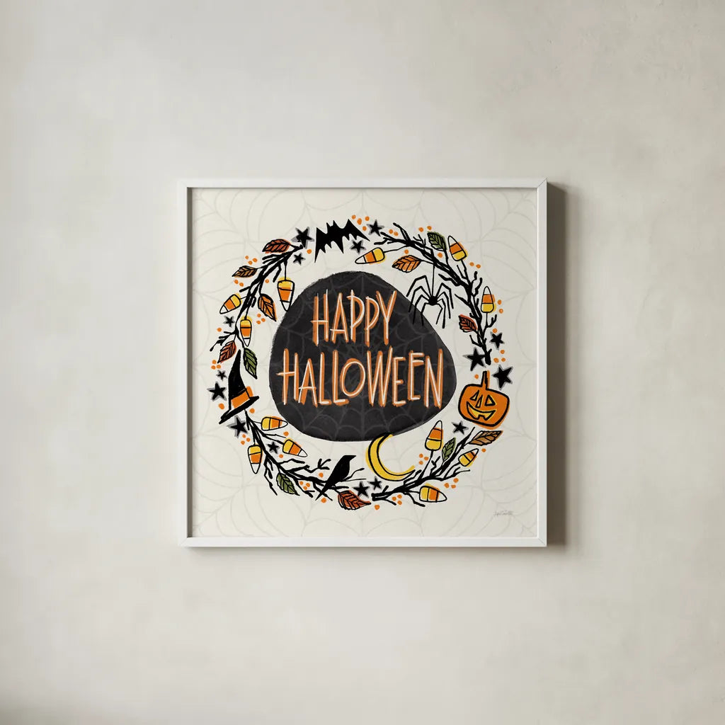 Halloween Wreath II Watercolor by Anne Tavoletti. Shown in a crisp white glass frame for a clean and minimalist style. Available as an archival giclee rolled canvas, fine art paper, or poster print. SKU 80725a.