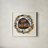 Halloween Wreath II Watercolor by Anne Tavoletti. Shown in a crisp white glass frame for a clean and minimalist style. Available as an archival giclee rolled canvas, fine art paper, or poster print. SKU 80725a.