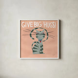 Happy Cats Big Hugs by Anne Tavoletti. Shown in a crisp white glass frame for a clean and minimalist style. Available as an archival giclee rolled canvas, fine art paper, or poster print. SKU 59280a.
