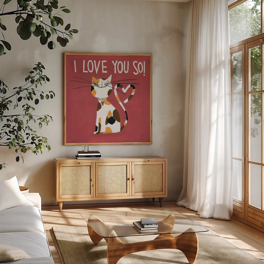 Happy Cats I Love You So by Anne Tavoletti. Shown in a natural wood frame in a cozy modern living room. Available as an archival giclee rolled canvas, fine art paper, or poster print. SKU 13552a.